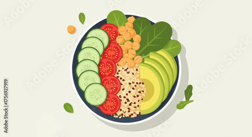 Vibrant veggie bowl with fresh avocado, spinach, cucumbers, tomatoes, and chickpeas offers a healthy and delicious meal option for balanced nutrition