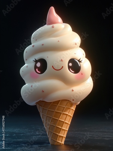 cute smiling soft serve ice cream cone with pink cheeks and sparkly eyes on a dark background