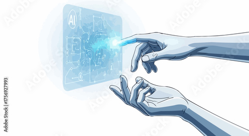 Futuristic AI interface with hands interacting, representing modern technology and innovation, perfect for digital transformation and advanced solutions concepts