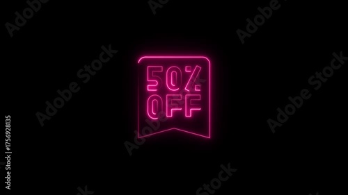 Neon 50 Percent Off Discount Sale Promotion Graphic Animation Pink Glow on Black Background