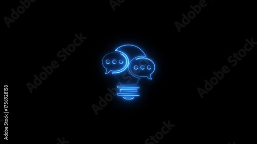 Glowing blue neon lightbulb with speech bubbles symbolizing communication and bright ideas on