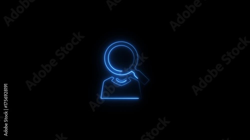 Neon blue outline of a person with a magnifying glass over their head symbolizing search