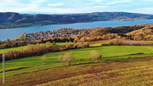 Agricultural meadows, spring forests and a small village on the banks of the river Rhine with hills in the background