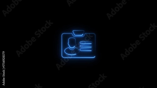 Glowing blue neon outline of an I D card with person silhouette and text lines on black