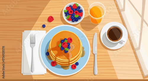 Enjoy a delicious pancake breakfast with fresh berries, maple syrup, and coffee in a bright sunny setting, perfect for a relaxing morning treat