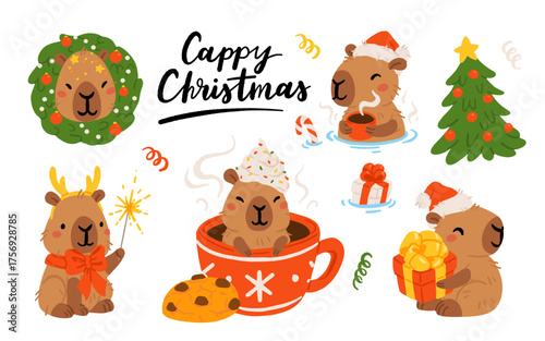 Collection of winter cute capybaras with New Years wreath, gift, bathing in hot water and in Christmas bow and hat. Vector illustration. Isolated kawaii animal character