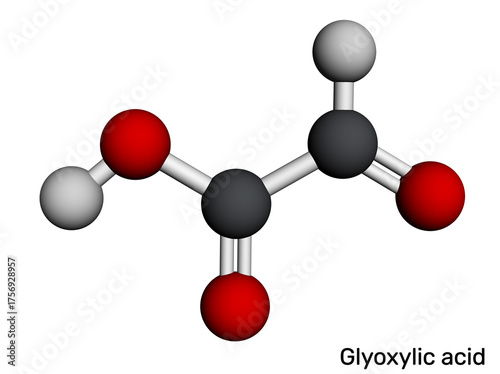 Glyoxylic acid molecule. Synthesis of hydroxyphenylglycine and amoxicillin precursor; hair straightening cosmetic chemistry; glyoxylate cycle metabolism. Molecular model. 3D rendering. Illustration