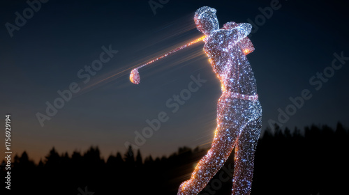 Silhouetted digital golfer composed of glowing particles swings a club against a twilight sky, blending technology with sports in a futuristic, dynamic visual