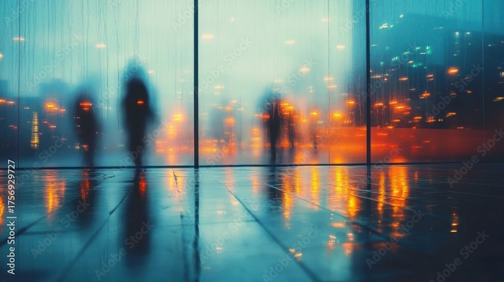 Fototapeta premium silhouettes of people seen through a rain-soaked glass window with blurred city lights reflecting on the wet floor creating a moody and contemplative atmosphere