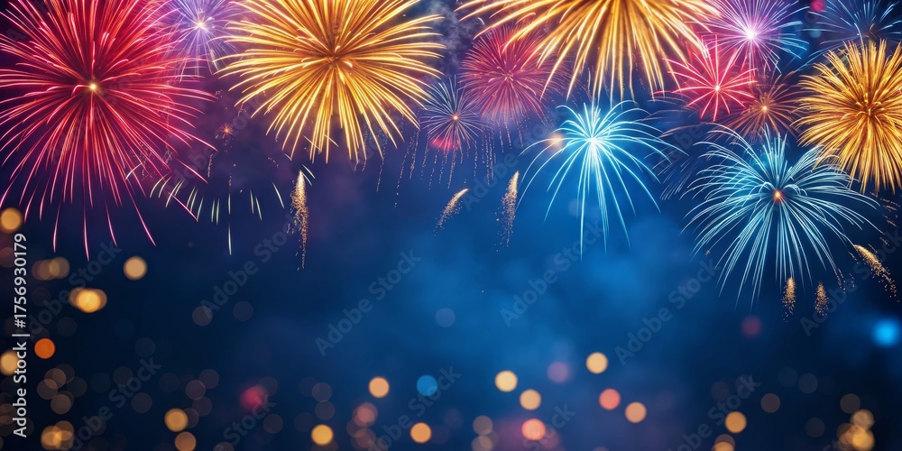 Fototapeta premium Vibrant and colorful fireworks exploding in the night sky for celebration