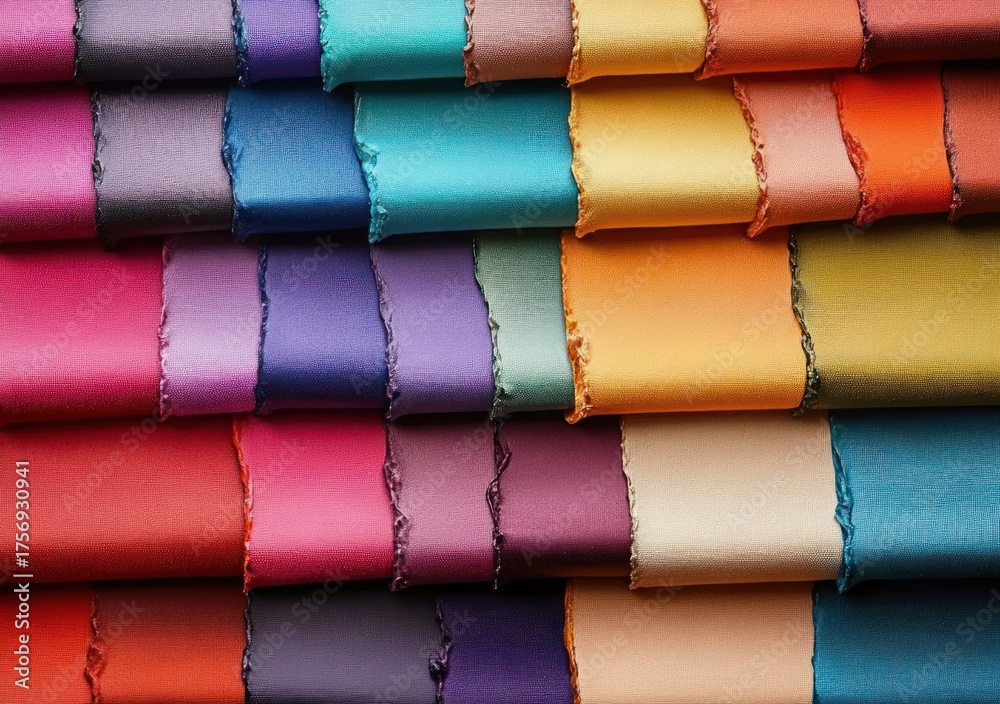 Fototapeta premium Neatly arranged rows of colorful fabric swatches in various vibrant shades showcasing texture and edges in a layered pattern