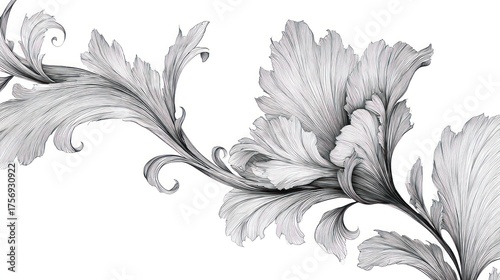 Elegant, monochrome floral illustration, flowing leaves and petals with intricate details, white background