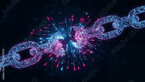Digital Chain Break - Exploding Cybernetic Link with Vibrant Blue and Pink Hues.