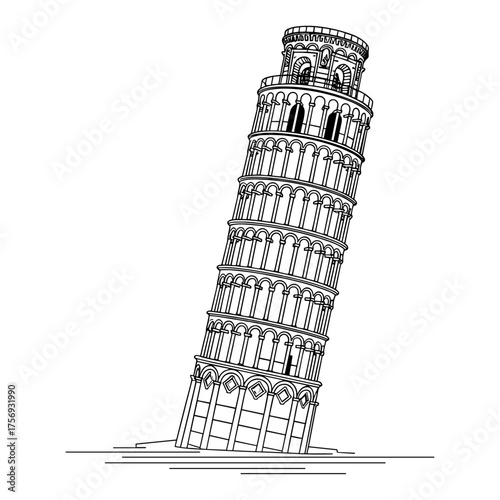 Leaning Tower of Pisa outline in black and white