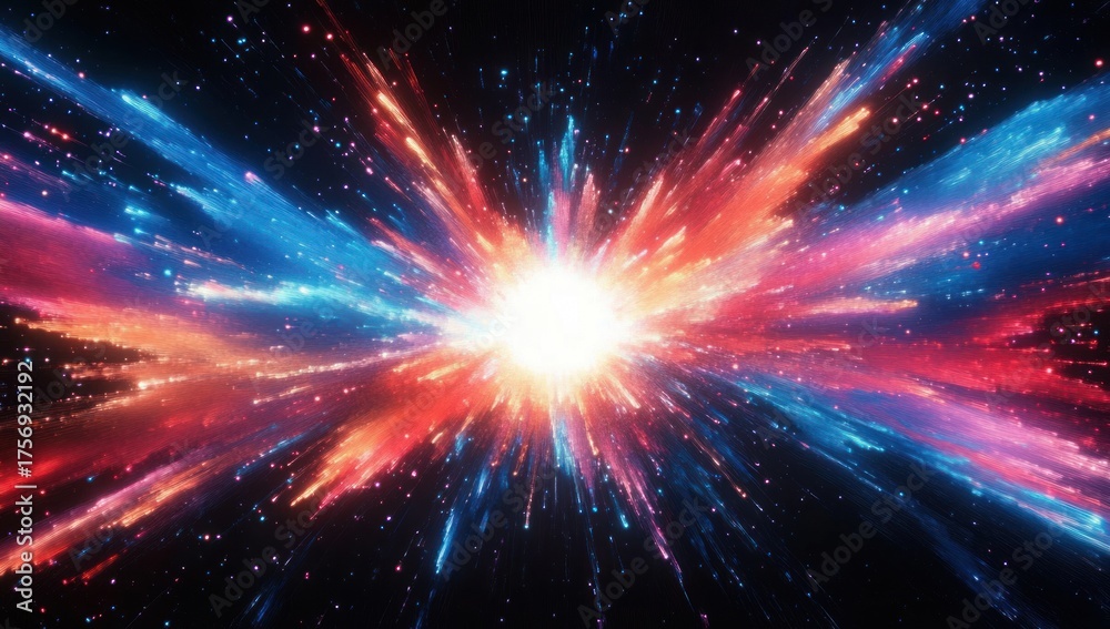 Obraz premium Bright explosive cosmic burst with radiant blue and red streaks of light spreading outward in deep space