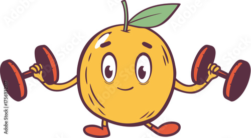 lemon mascot lifting dumbbells fitness sport cart