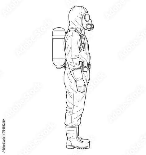 Person in hazmat suit with gas mask in line art style in black and white