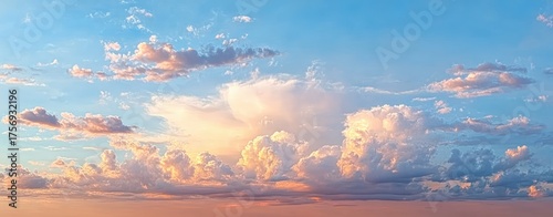 Expansive sky filled with various fluffy clouds illuminated by warm sunlight during serene sunset