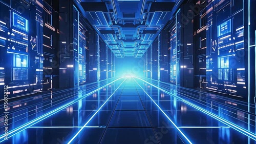 Wallpaper Mural Futuristic Technology Tunnel with Blue Neon Lights and Reflective Surface, High-Tech Corridor Torontodigital.ca