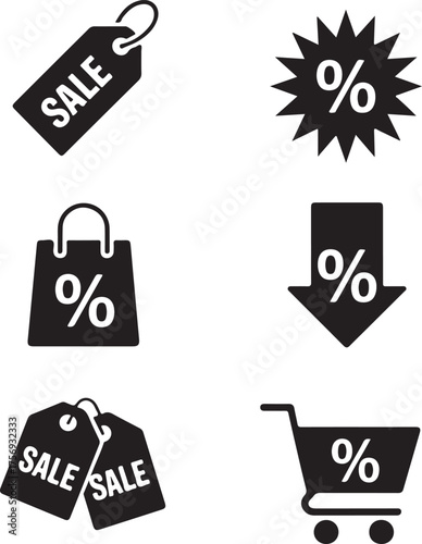 Black and white sale icon set promoting discounts and price reductions