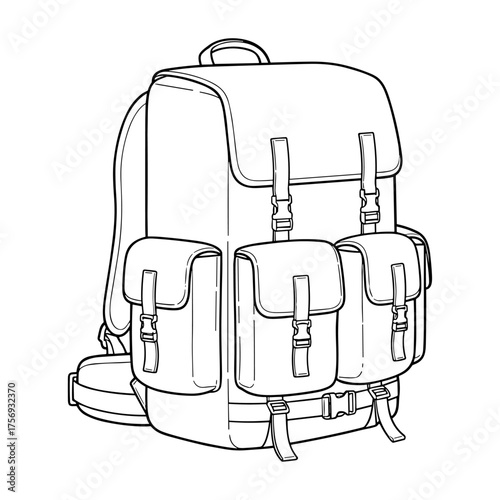 Hiking backpack in line art style in black and white