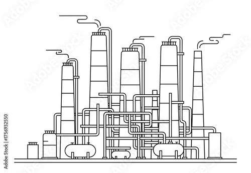 Industrial factory complex in line art style in black and white