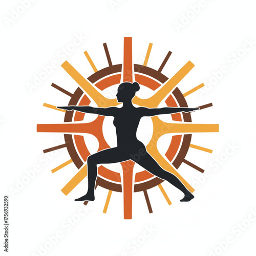 Warrior II Yoga Pose Female Silhouette on Sunburst Graphic Vector
