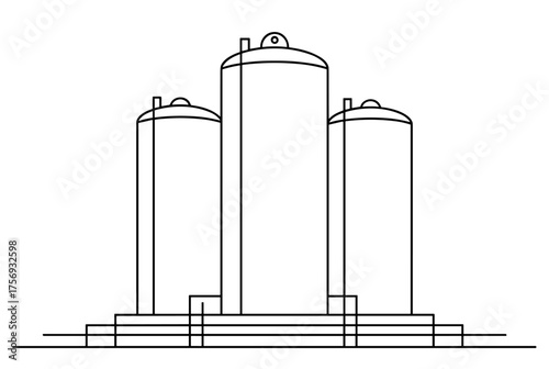 Industrial storage tanks in line art style in black and white