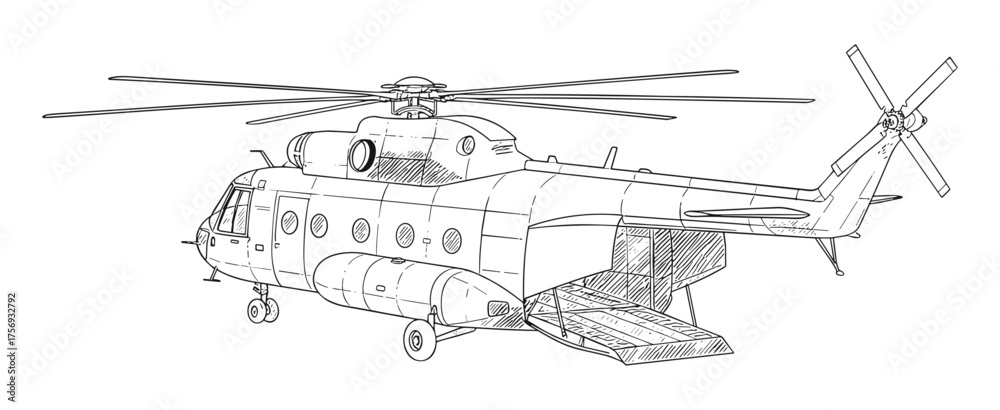 Fototapeta premium Military helicopter in technical line art style in black and white