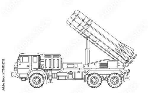 Rocket launcher truck in line art style in black and white