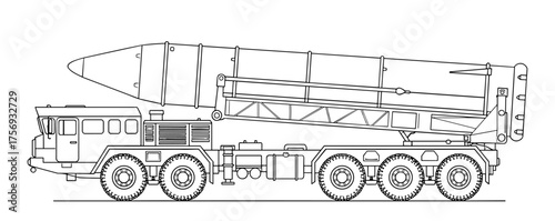 Missile launcher truck in line art style in black and white