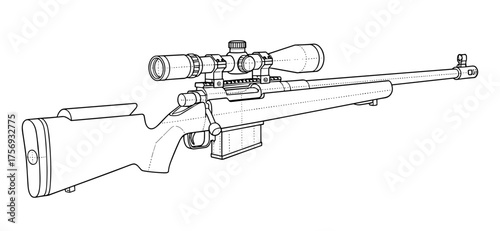 Sniper rifle in technical line art style in black and white