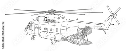 Military helicopter in technical line art style in black and white