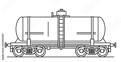 Railway tanker car in technical line art style in black and white