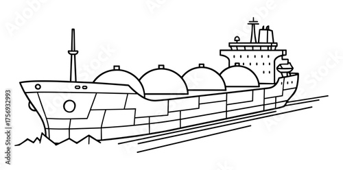 Cargo ship in technical line art style in black and white