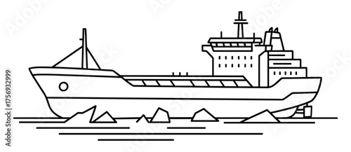 Cargo ship in technical line art style in black and white