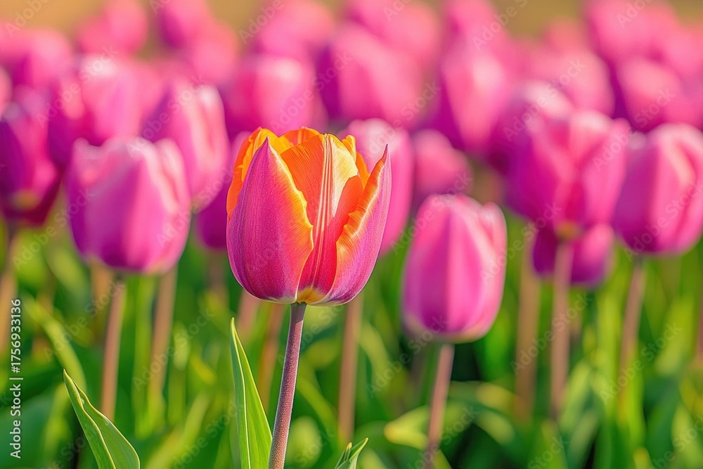 Obraz premium Close-up of a vibrant pink and orange tulip standing tall among a field of blurred pink tulips under bright sunlight