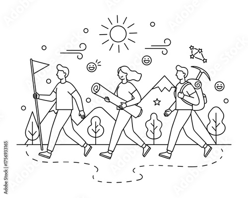 Group of people hiking together with mountains and sun in the background