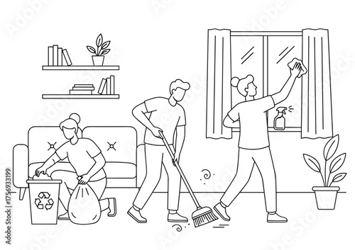 Three People Cleaning a Living Room against White Background