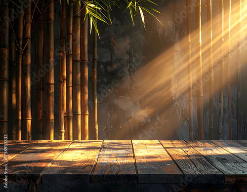 Empty rustic wooden table illuminated by dramatic sun rays, creating a serene and natural display platform against a peaceful bamboo and textured wall backdrop