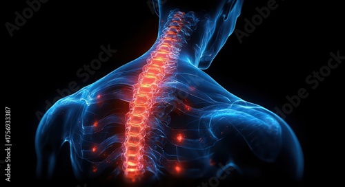 3d rendered medical visualization of a human upper back and spinal column with highlighted spine and nerve points indicating pain or tension areas
