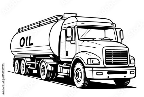 Oil Tanker Truck in Line Art Style in Black and White Colors