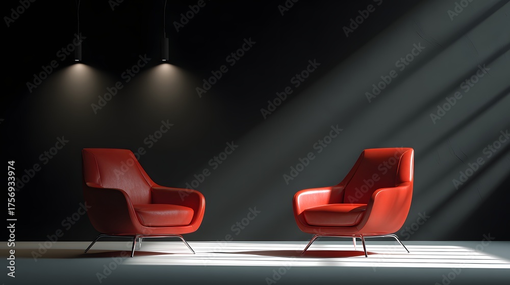 Obraz premium Two modern red armchairs are illuminated by spotlights against a dark wall.