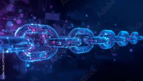Illuminated Digital Blockchain Chain with Glowing Particles on Dark Background.