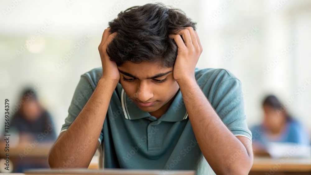 Fototapeta premium Young Indian student under test stress — representing anxiety, determination, and learning challenge