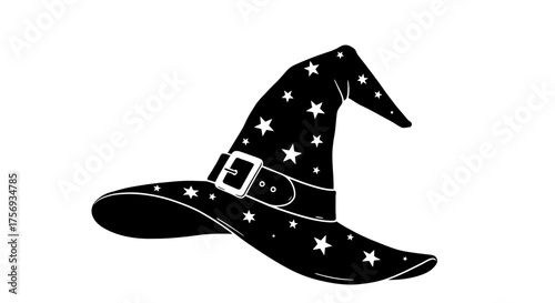 Mysterious black witch hat adorned with sparkling stars and a silver buckle perfect for halloween celebrations and magical themed designs isolated on white background