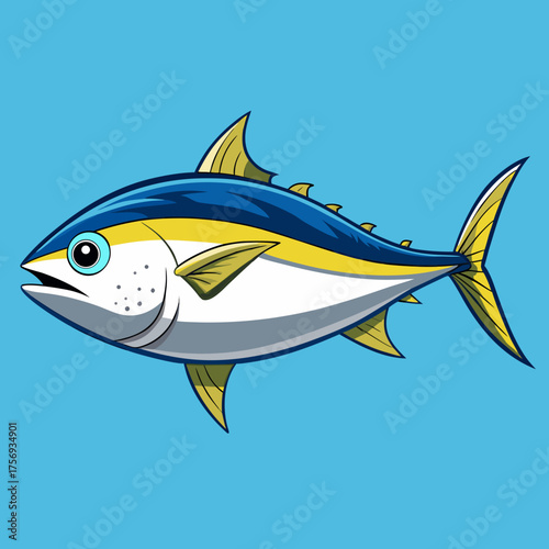 Vibrant cartoon tuna fish illustration on a blue background