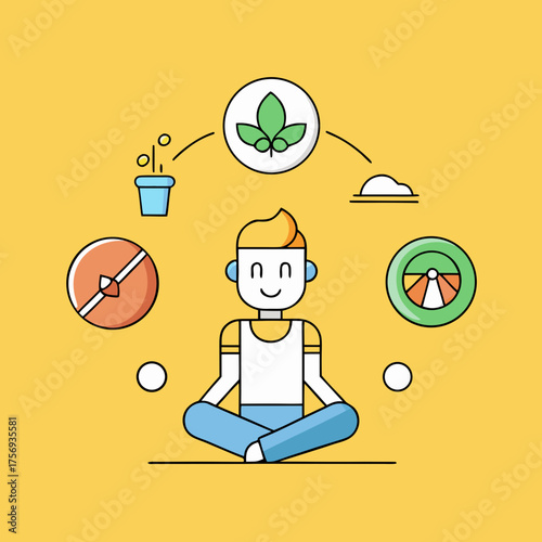 Person meditating surrounded by symbols of growth and well being