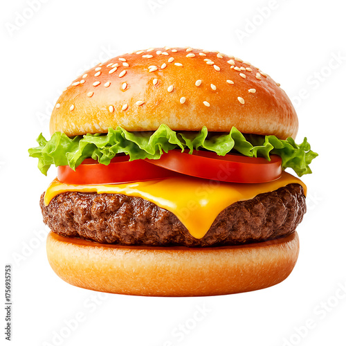 Delicious cheeseburger with fresh toppings on a sesame seed bun against a plain black studio background on transparent background