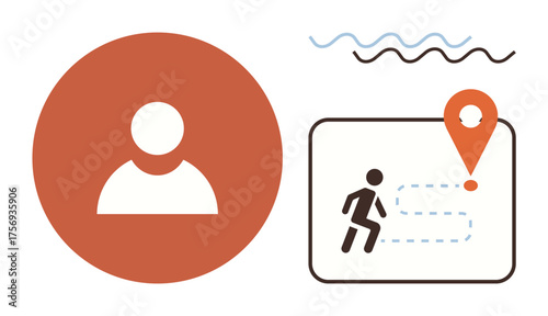 Abstract user avatar in a circle, runner on a dotted path, marked with a location pin and wavy lines. Ideal for travel, navigation, goals, user journey, fitness mapping identity. Simple flat